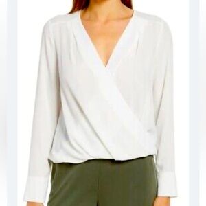 Halogen Women’s Cross Front Long Sleeve Low Cut Blouse White Ivory Cloud Size S